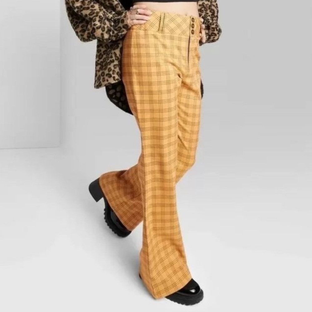 Women's High-Rise Flare Pants - Wild Fable Dark Gold Plaid 14 New E